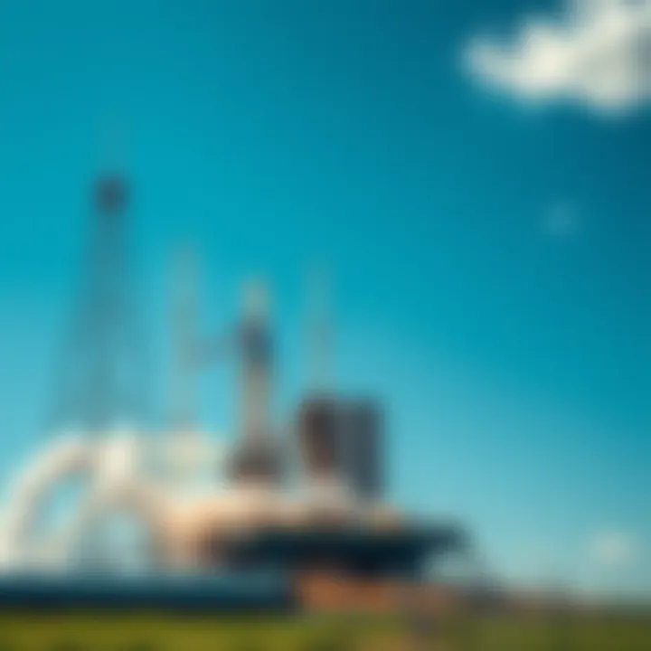 A rocket on a launch pad, ready for take-off with bright blue skies in the background.