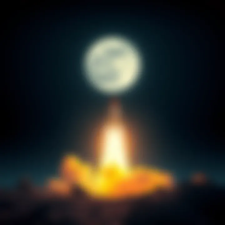 A rocket launching into space towards the Moon with a bright, full moon in the background
