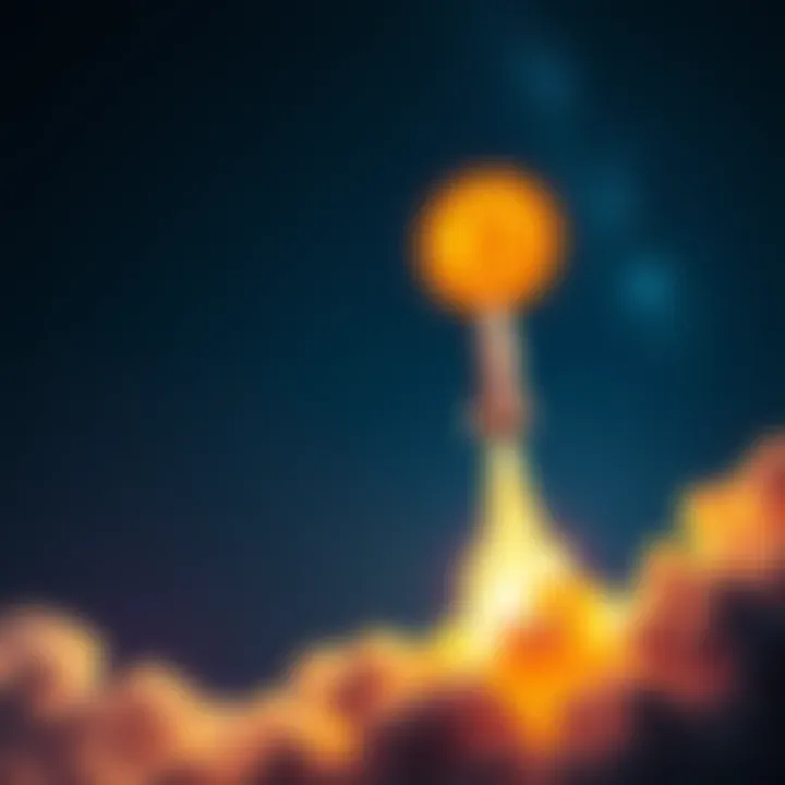 A rocket taking off against a night sky with the $HBAR symbol prominently displayed, representing the surge in cryptocurrency value.