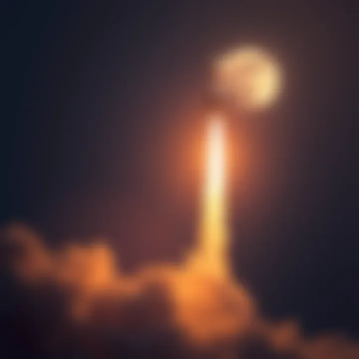 A rocket soaring into the sky, heading toward the moon with a bright trail behind it.