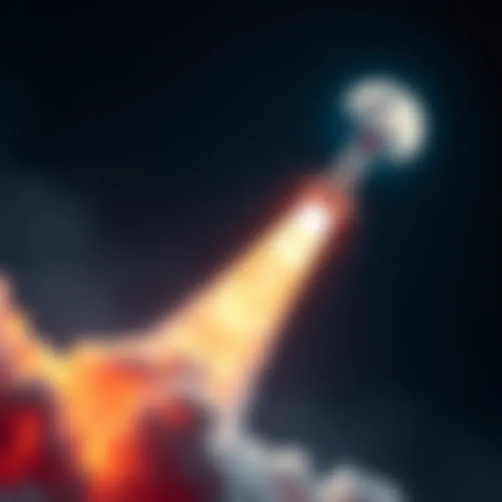 A rocket soaring into the night sky, symbolizing the excitement of the cryptocurrency market. Bright flames and smoke trail behind it as it ascends towards the moon.