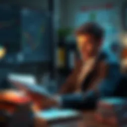 A person analyzing investment charts with a focused expression, surrounded by books and notes about investing.