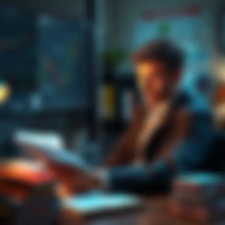 A person analyzing investment charts with a focused expression, surrounded by books and notes about investing.