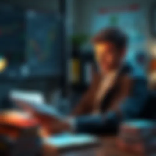 Rookie Investor Avoiding Mistakes A person analyzing investment charts with a focused expression, surrounded by books and notes about investing.