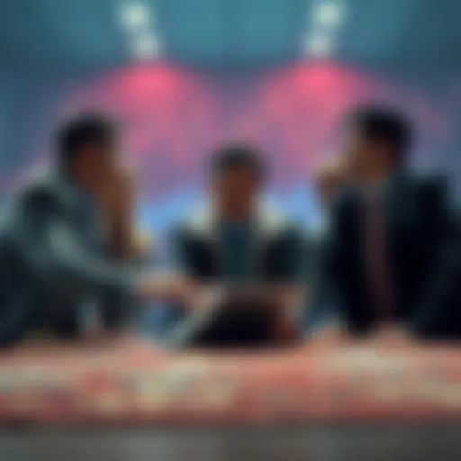 A group of concerned investors discussing the issues of rug pulling in a financial setting, with charts showing losses in the background.