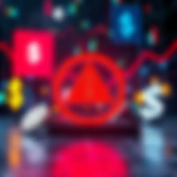 A digital graphic showing various currency symbols with a large red warning sign indicating threats in trading.