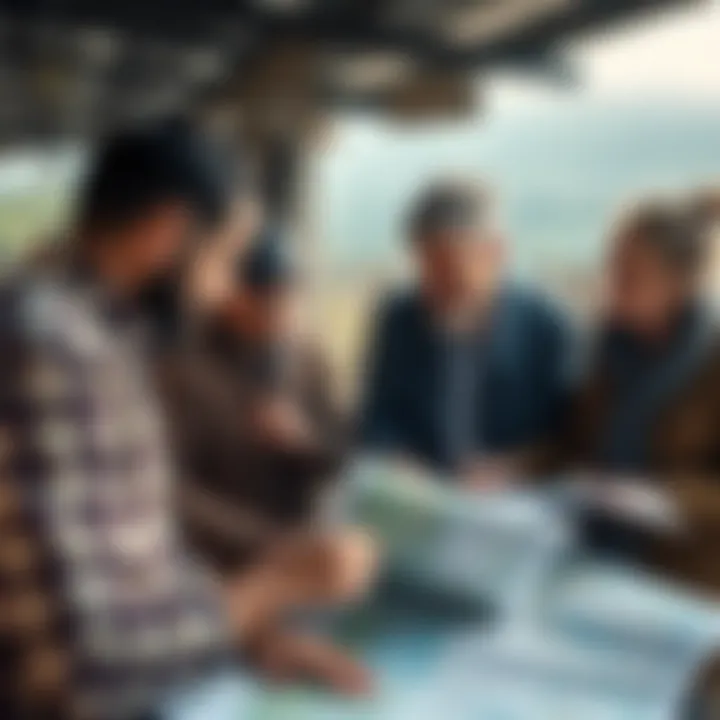 A group of people discussing over maps and parcels in a rural town setting, focusing on mayorship requirements.