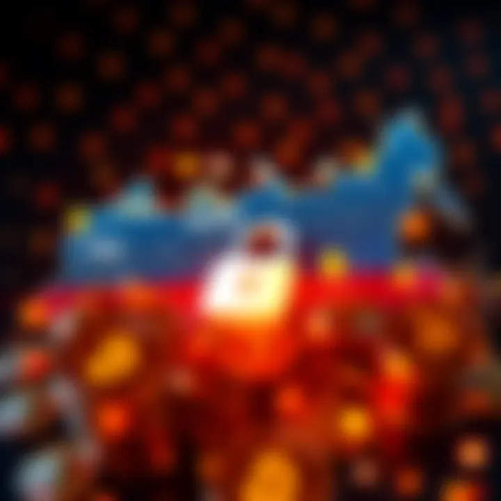 A visual representation of Russia's new cryptocurrency regulations showing a map of Russia with digital currency symbols and a lock icon, illustrating strict control over crypto activities.