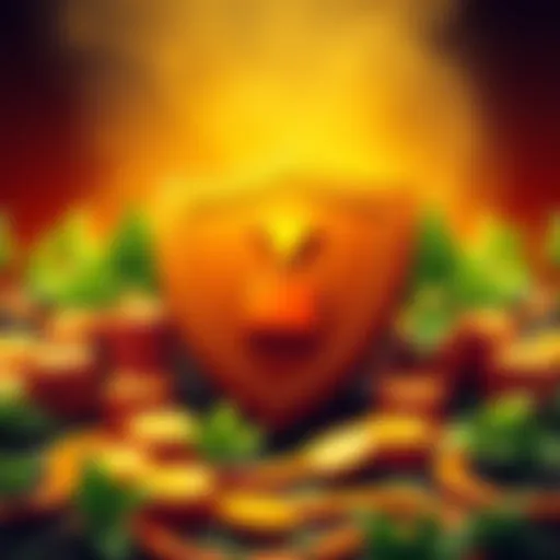 Illustration of secure yield farming with coins and a shield symbolizing protection during market volatility