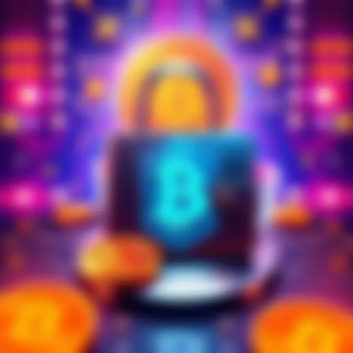 Illustration of a secure hardware wallet with Bitcoin symbols, surrounded by a lock and shield, representing protection of assets.
