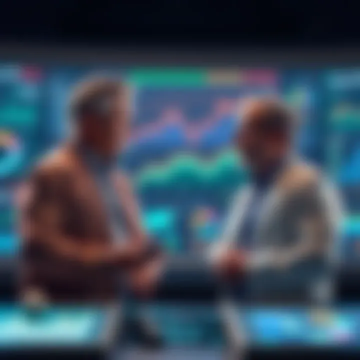 Two experts discussing safety practices in decentralized finance with charts and data on display
