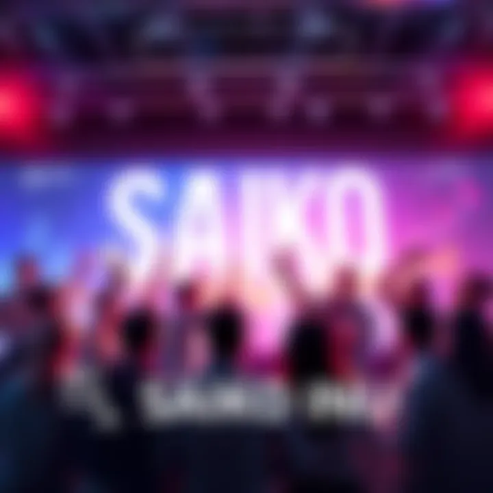 A group of people excitedly discussing the launch of SAIKO INU token with charts and graphs in the background showing positive trends.