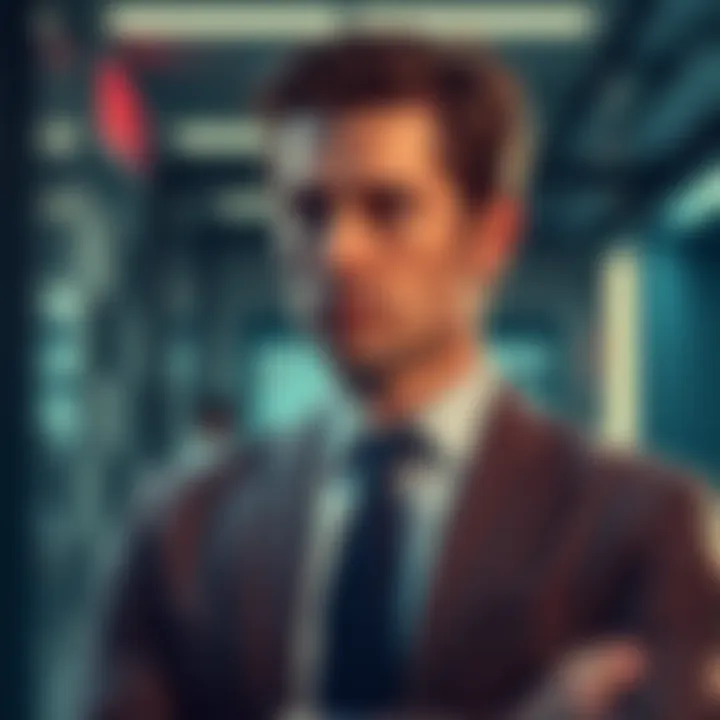 Sam Bankman-Fried in a suit Actor portraying Sam Bankman-Fried in a business setting, looking serious and contemplative