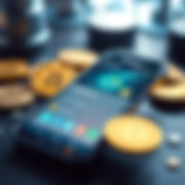 An old Samsung S4 Mini smartphone displaying a crypto mining app on the screen, surrounded by mining-related graphics and coins.