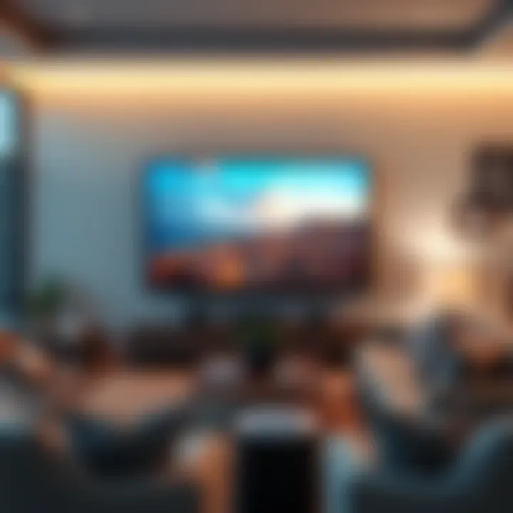 A Samsung The Frame TV displaying art mode in a cozy living room setup with furniture and decor.