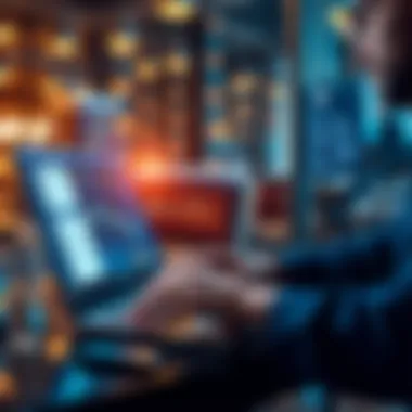 A developer using a laptop to check sanctions compliance with on-chain proof, represented by digital documents and blockchain symbols.
