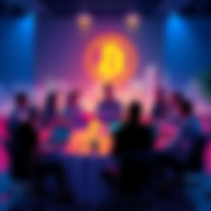 Members of the Sapphire community discussing Bitcoin's recent price drop at a round table, with laptops and charts in front of them.