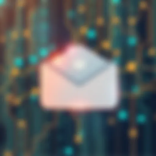 An illustration of a digital email being sent, symbolizing Satoshi Nakamoto's communication with Adam Back about Hashcash and Bitcoin.
