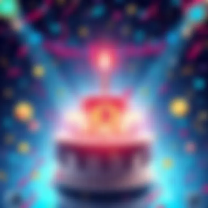 Illustration depicting a digital birthday celebration for a technological pioneer, featuring cryptocurrency symbols and festive elements