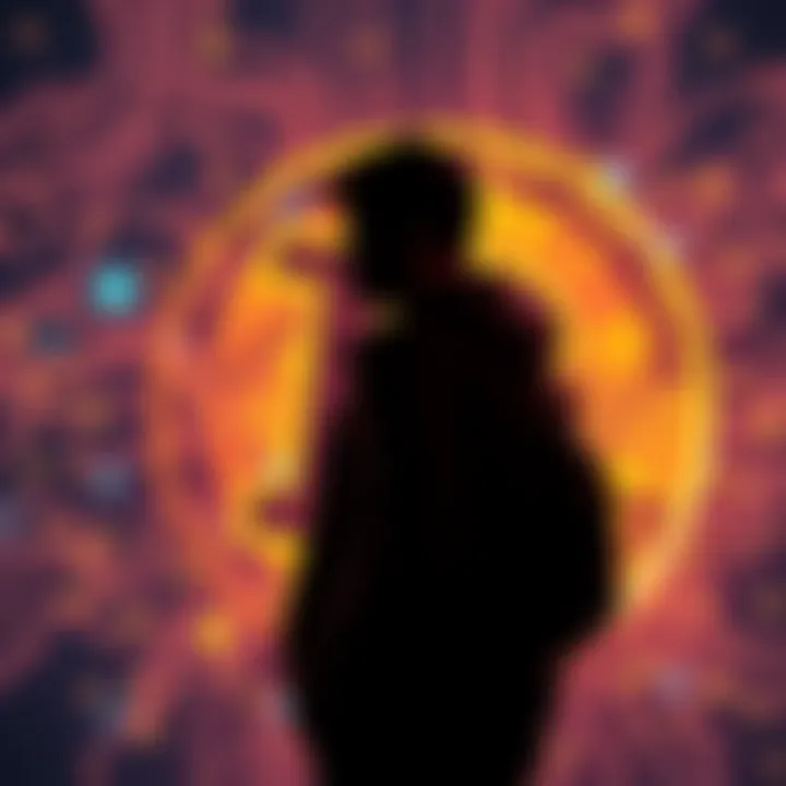 A person standing in front of a digital Bitcoin symbol, suggesting a link to the identity of Satoshi Nakamoto, the creator of Bitcoin.