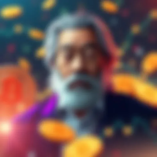 Satoshi Nakamoto in cryptocurrency Illustration of Satoshi Nakamoto symbolizing innovation in cryptocurrency with digital coins in the background