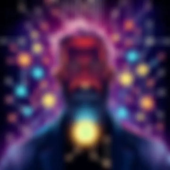 Satoshi Nakamoto Concept Illustration An abstract representation of Satoshi Nakamoto, symbolizing blockchain technology with interconnected blocks and digital currency icons.