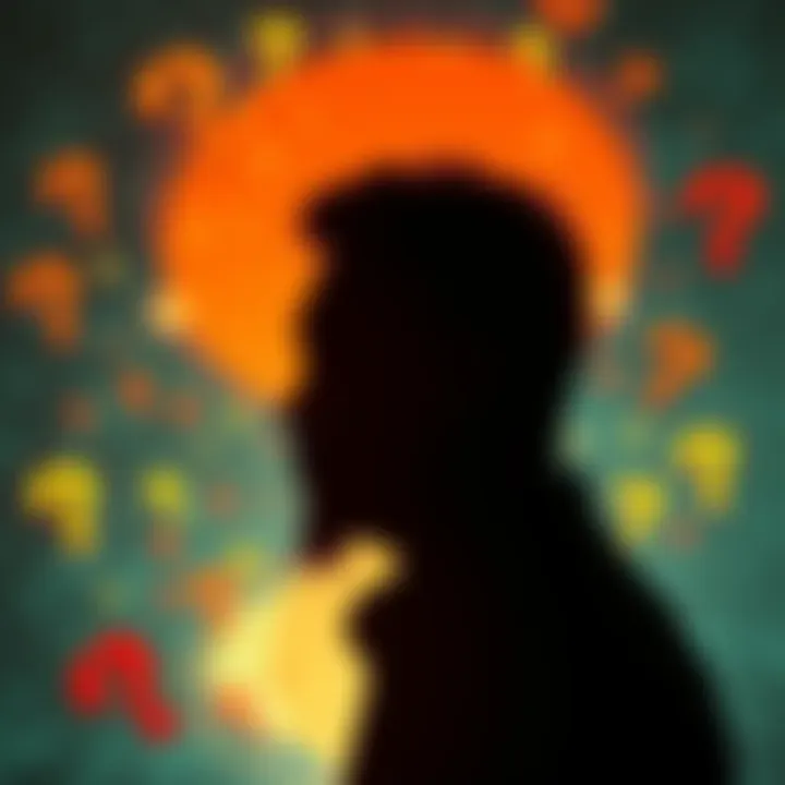 A silhouette of a person deep in thought, representing Satoshi Nakamoto, surrounded by question marks and digital symbols, illustrating confusion and uncertainty.