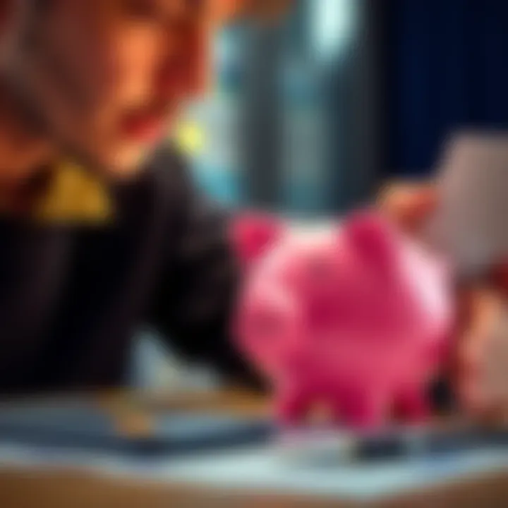 A person looking at a piggy bank with a calculator and financial planner, representing saving money for future goals.