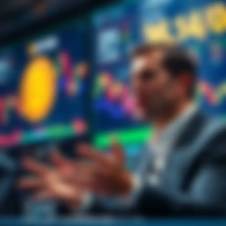 Saylor Shifts Focus to Bitcoin Saylor speaking about Bitcoin investment at a conference, with visuals of cryptocurrency charts in the background