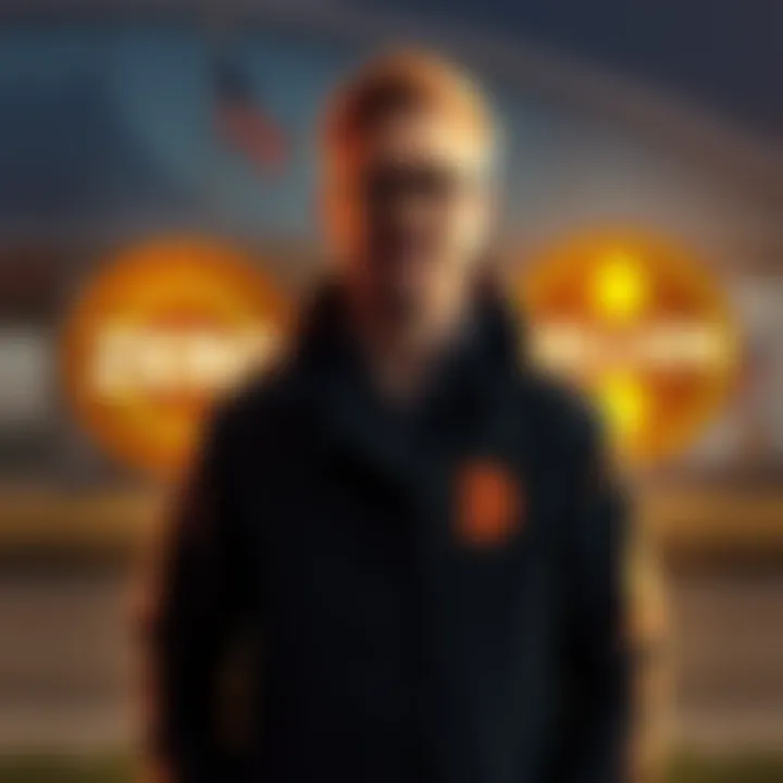 Michael Saylor standing in front of two contrasting signs: one showing Buttcoin crashing to zero and the other showing it soaring to a million.