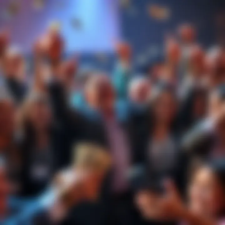 Group of investors celebrating with money signs, showing excitement over recent investment gains