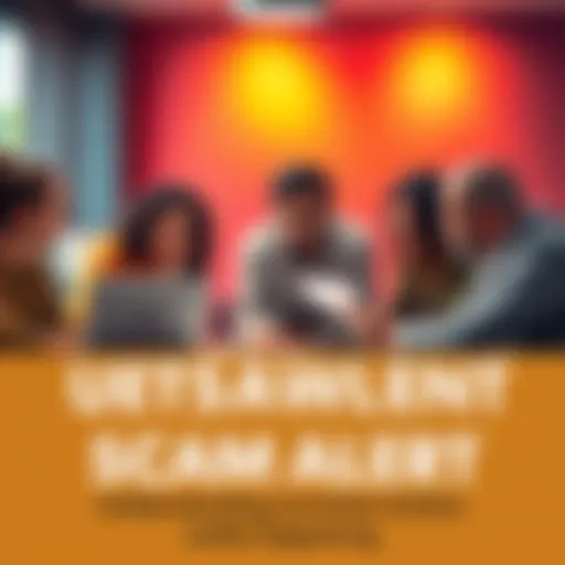 A group of people discussing potential scams around a table with laptops and papers, looking concerned.