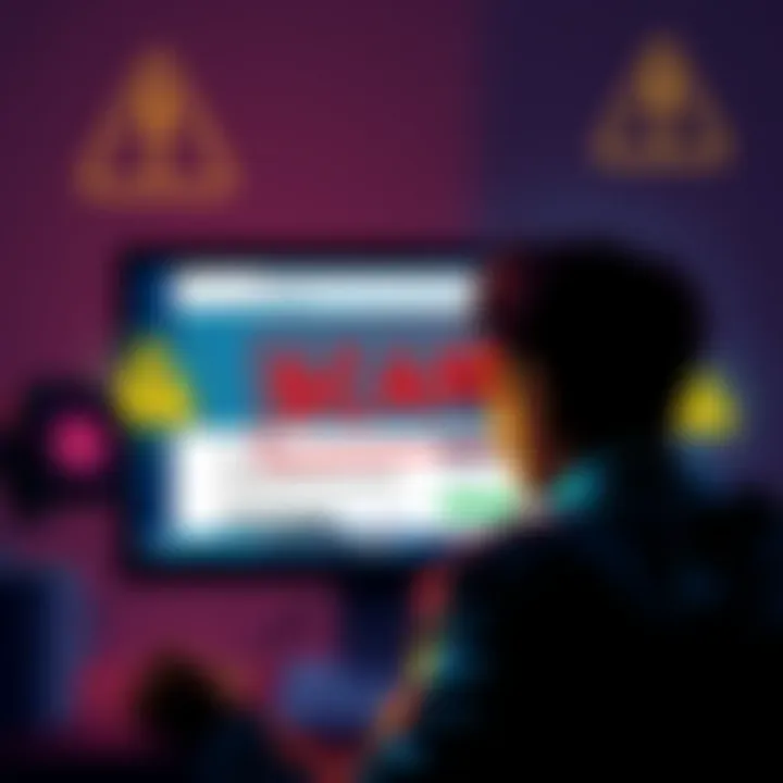 A worried person looking at a computer screen showing a fraudulent website that looks like Bitrefill, with warning signs around it.