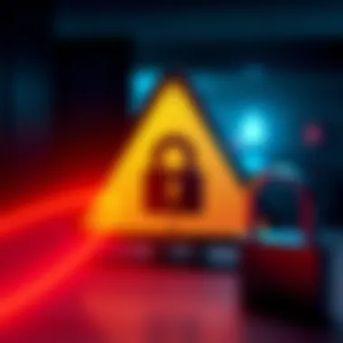 A cautionary graphic showing a warning sign and a lock symbol, representing the need to stay alert against scams.