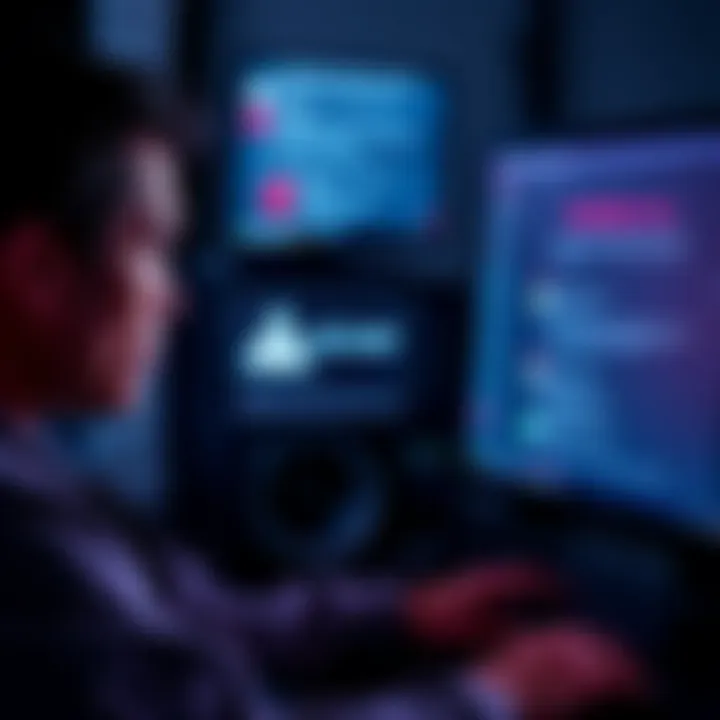 A person looking at a computer screen with a warning message about scams, showing concern.