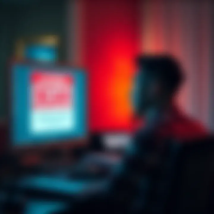 A concerned individual sitting at a desk, staring at a computer screen showing a scam warning message
