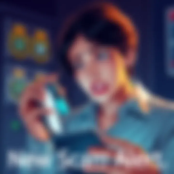 A concerned person receiving a phone call, looking worried while holding a smartphone, indicating a scam alert, with police badges in the background