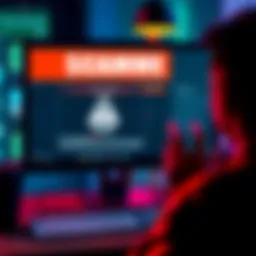 A person looking at a computer screen displaying a fraudulent guide with a warning symbol, concerned about potential scams.