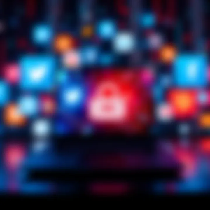 A visual representation of the challenges posed by online scams, featuring social media icons and a phishing email motif.
