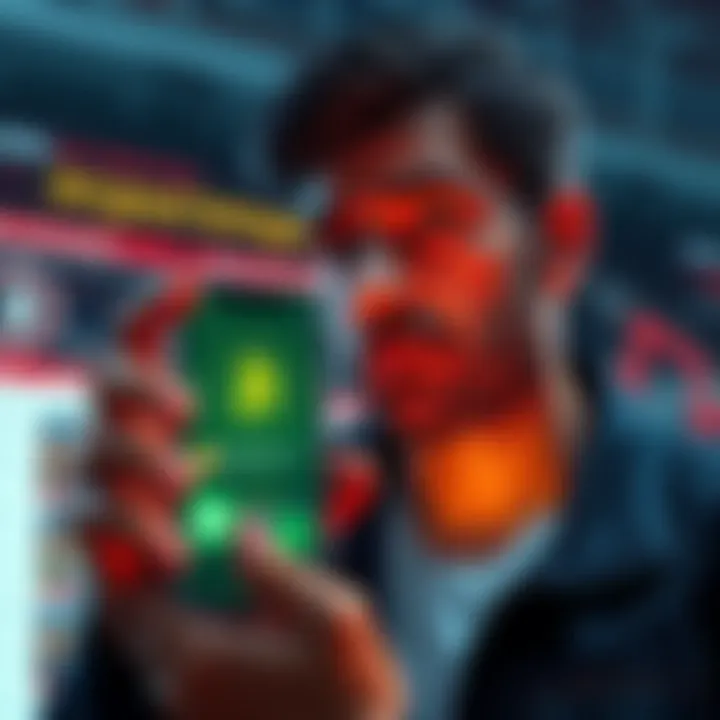 A person looks concerned while holding a smartphone displaying cryptocurrency symbols; news headlines in the background about bribery