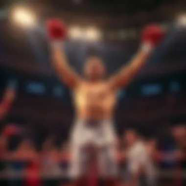 A victorious Schiff stands with arms raised in celebration after delivering a knockout punch, surrounded by cheering fans in a packed arena.