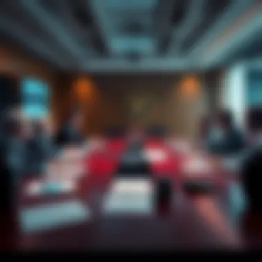 A meeting room with officials from the SEC and CFTC discussing new regulations on digital assets, with charts and documents on the table.