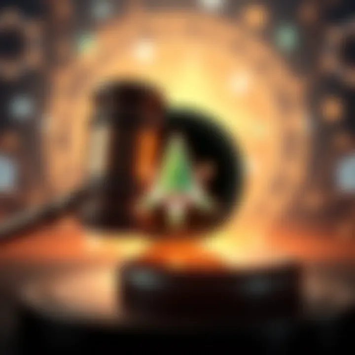 A graphic showing a digital representation of Cardano's logo alongside a gavel symbolizing the SEC ruling, with a background of blockchain elements.