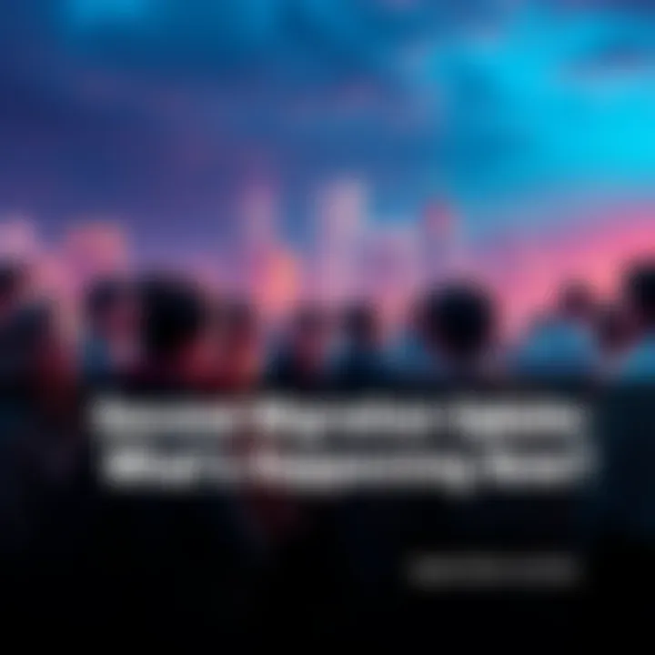 A diverse group of people gathering, discussing the implications of the second migration event in their community, with a backdrop of a city skyline.