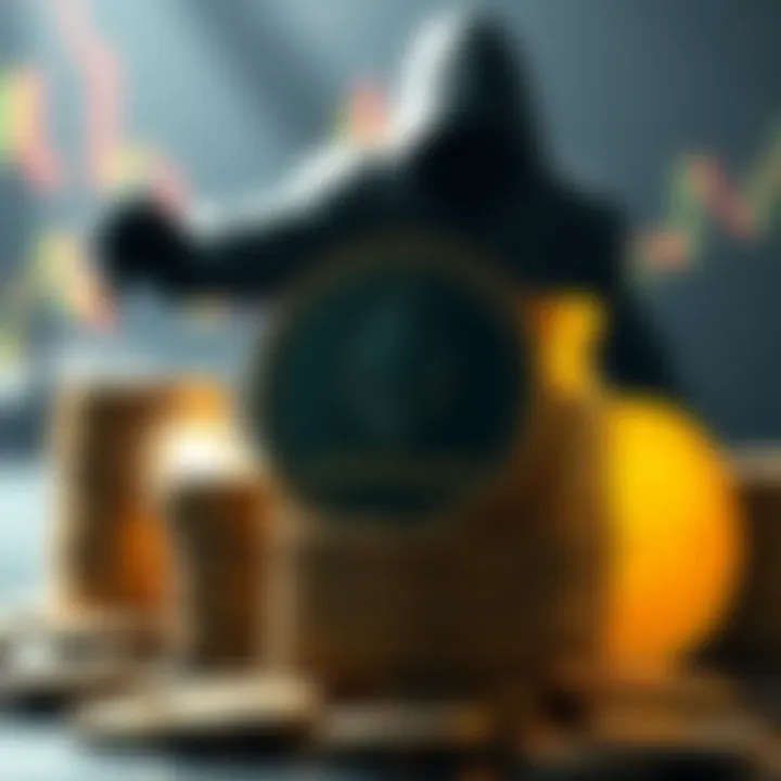 A graphic showing a large stack of Ethereum coins with a shadowy figure and a dollar sign, representing a big investment in cryptocurrency.