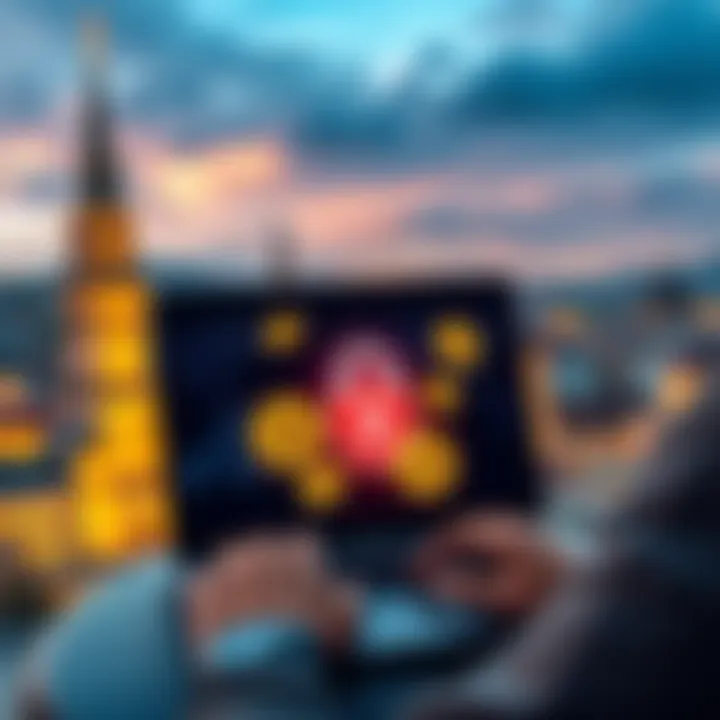 A person using a laptop with Bitcoin symbols on the screen and a lock symbol, symbolizing secure transactions, against a backdrop of popular Georgian landmarks.