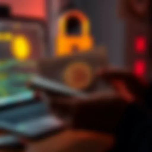 A person securely backing up their Bitcoin wallet seed phrase on paper, with a lock and computer in the background.