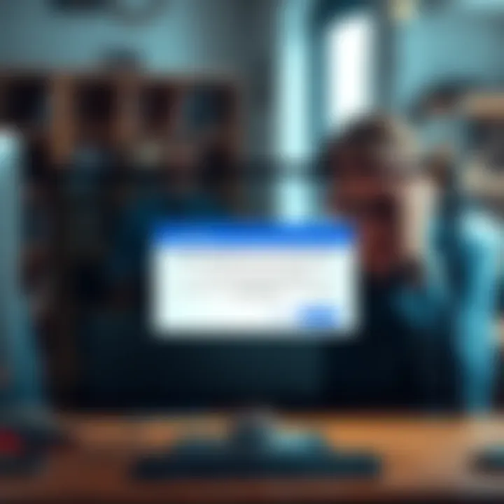 A computer screen displaying a prompt for secure email confirmation and a liveness check with frustrated user in the background.