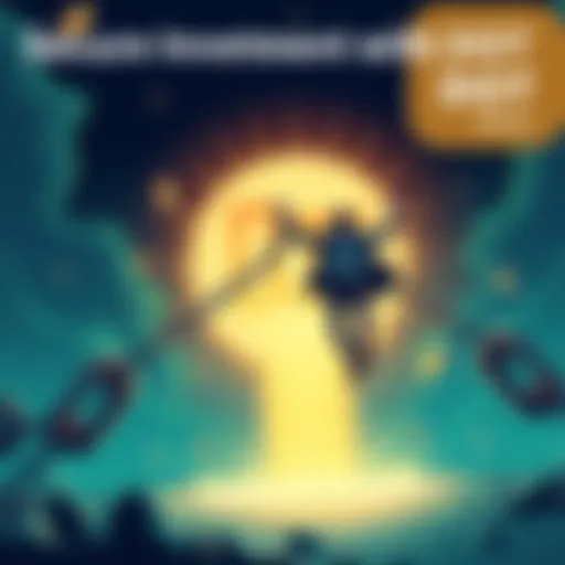 Illustration showing a person breaking free from chains symbolizing worthless cryptocurrencies, with DOT logo shining bright in the background, representing secure financial freedom.