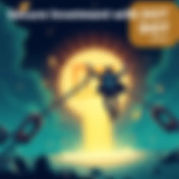 Illustration showing a person breaking free from chains symbolizing worthless cryptocurrencies, with DOT logo shining bright in the background, representing secure financial freedom.